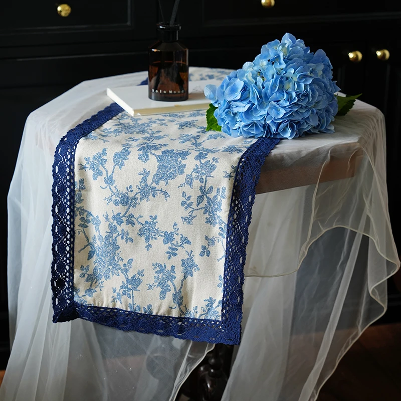 复古蓝玫瑰蕾丝桌旗