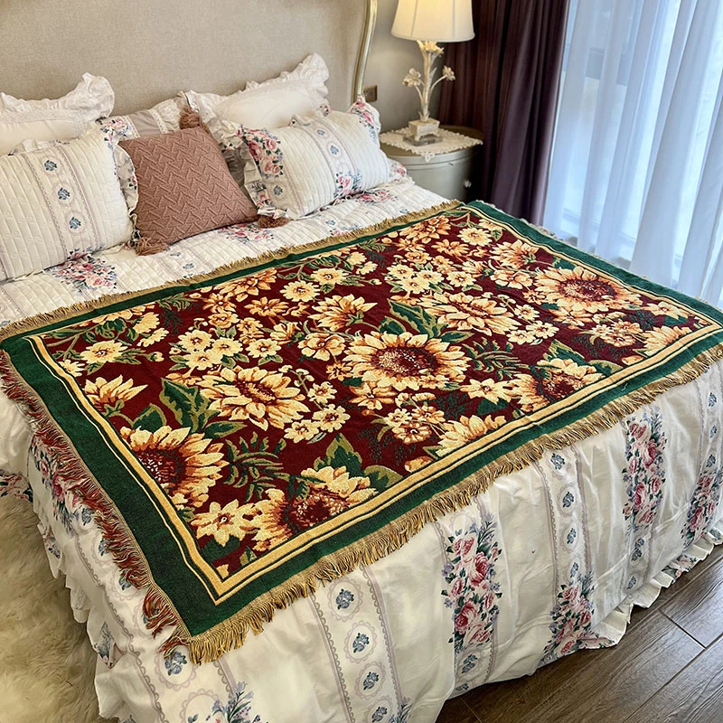 毯子/美式田园风向日葵沙发涤棉盖毯搭巾130*180cm