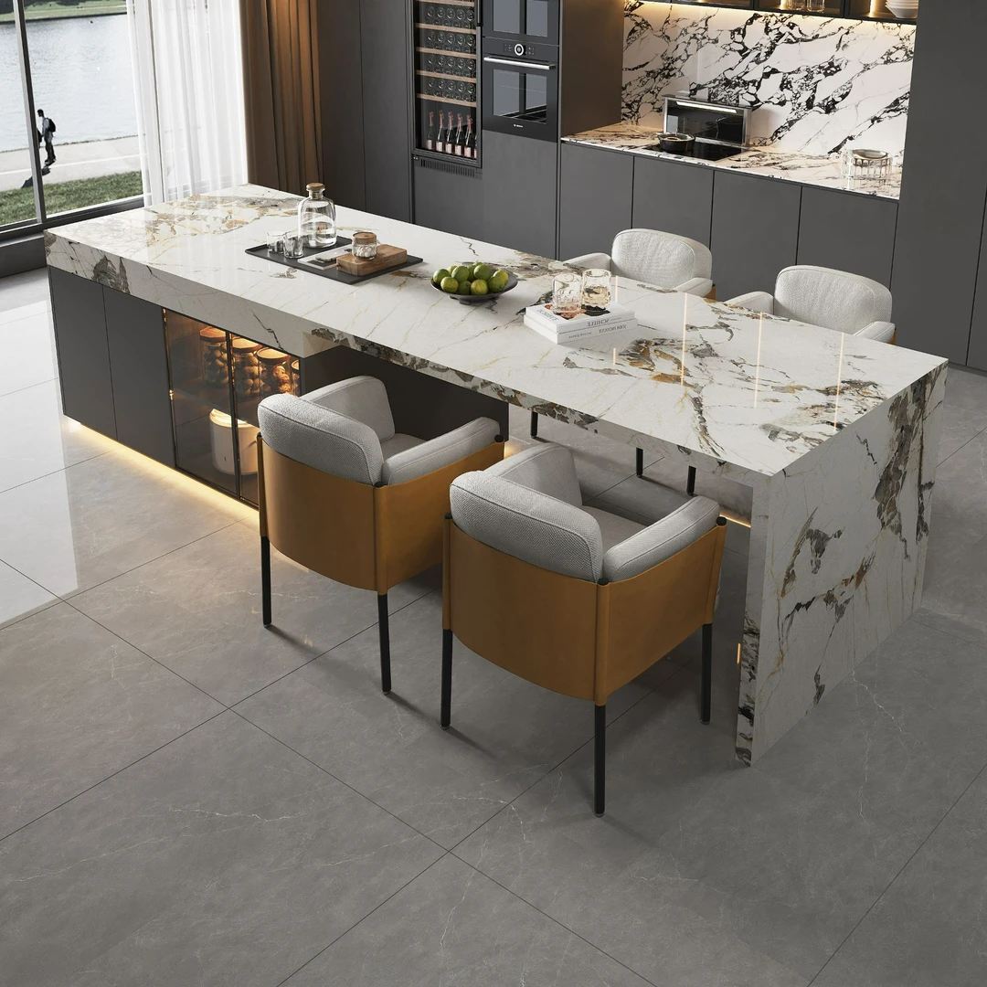 意式轻奢风全岩板岛台餐桌定制齐平款家用客餐厅西厨房餐桌高颜值