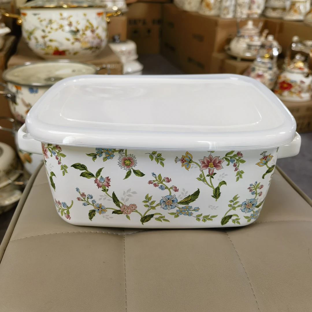 24厘米长方形保鲜盒芳香珐琅搪瓷加厚保鲜盒露营便当盒带盖