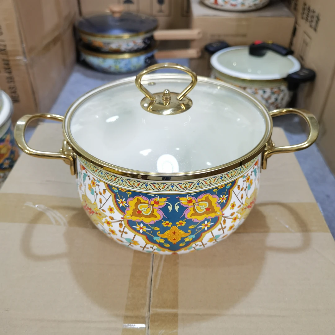 20寸高柿锅锅俄罗斯花珐琅搪瓷小型家用炖锅砂锅炖汤锅焖烧锅