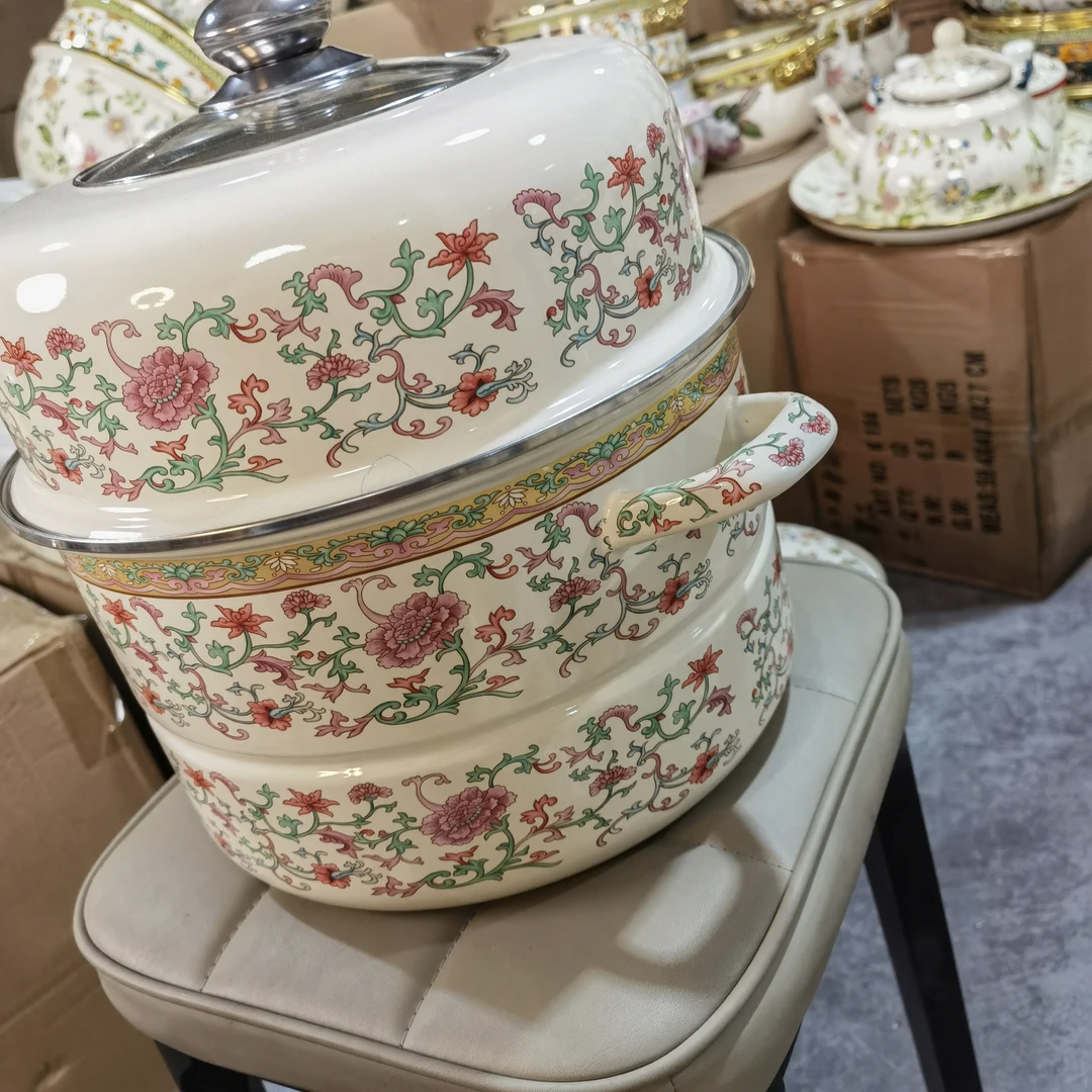 28厘米蒸锅欧洲风情珐琅搪瓷双层蒸锅蒸笼馒头加厚大容量卤煮锅