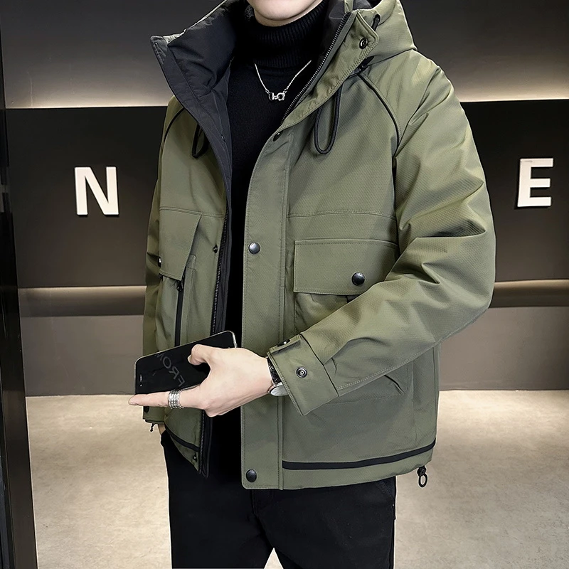 工装羽绒服男士短款冬季2024新款时尚潮牌连帽保暖加厚轻薄外套男