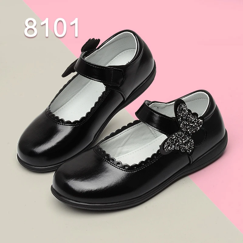 儿童黑皮鞋女童真皮软底校服文艺演出鞋女孩子亮片蝴蝶英伦风单鞋