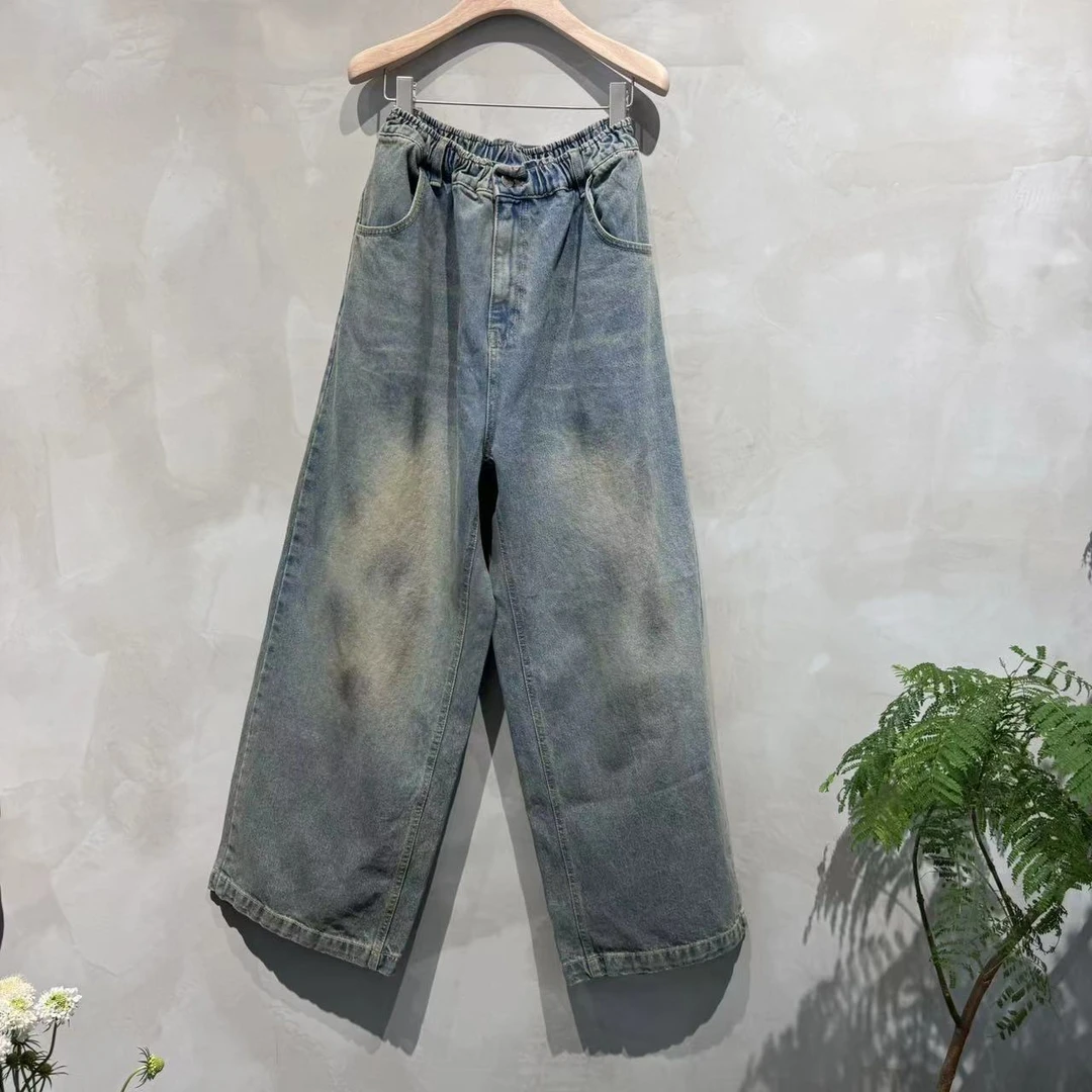 【嘉人专属】韩国东大门休闲裤直筒夏季宽松潮流破洞渐变印花做旧