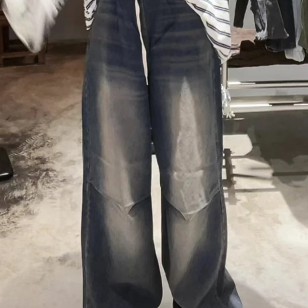 韩国新款牛仔裤直筒休闲裤做旧宽松