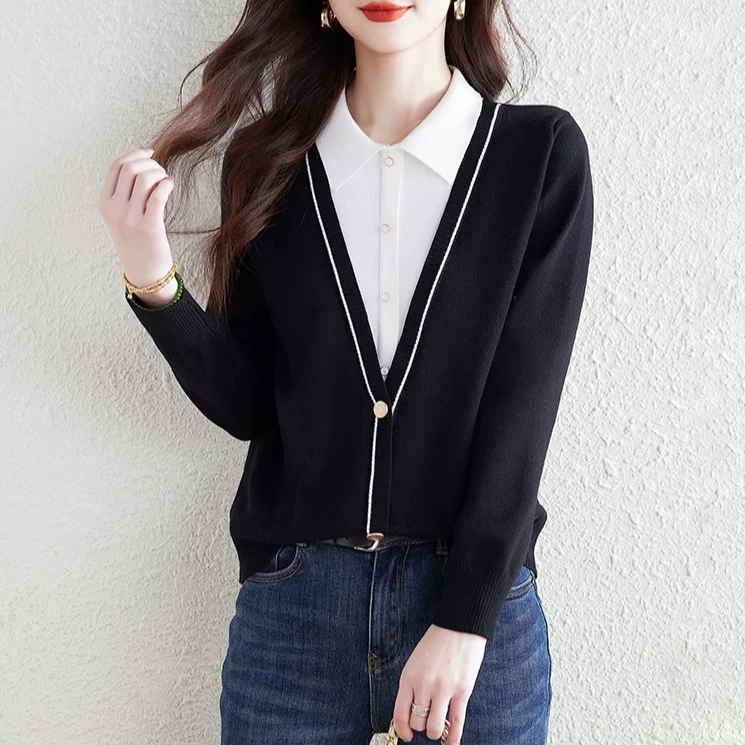 【货号185】春季新款假两件时尚上衣洋气长袖百搭宽松显瘦毛衣