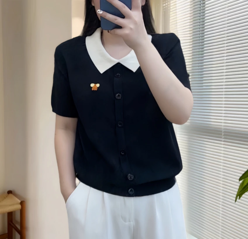 【164】25新款polo领短袖针织衫时尚洋气宽松撞色刺绣打底上衣女胖