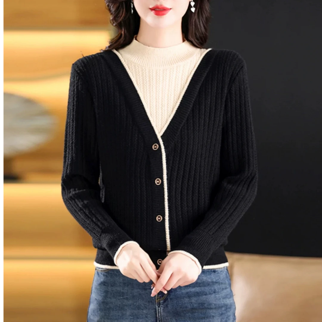 秋冬新款半高领拼色大码针织衫毛衣假两件百搭显瘦长袖打底衫