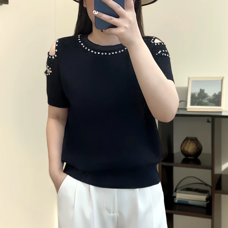 【140】时尚露肩冰丝针织衫大码女装夏季显瘦遮肚子宽松短袖t恤上衣