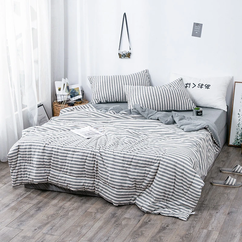 简约条纹针织天竺棉秋冬被 单人双人可机洗水洗秋冬被1241