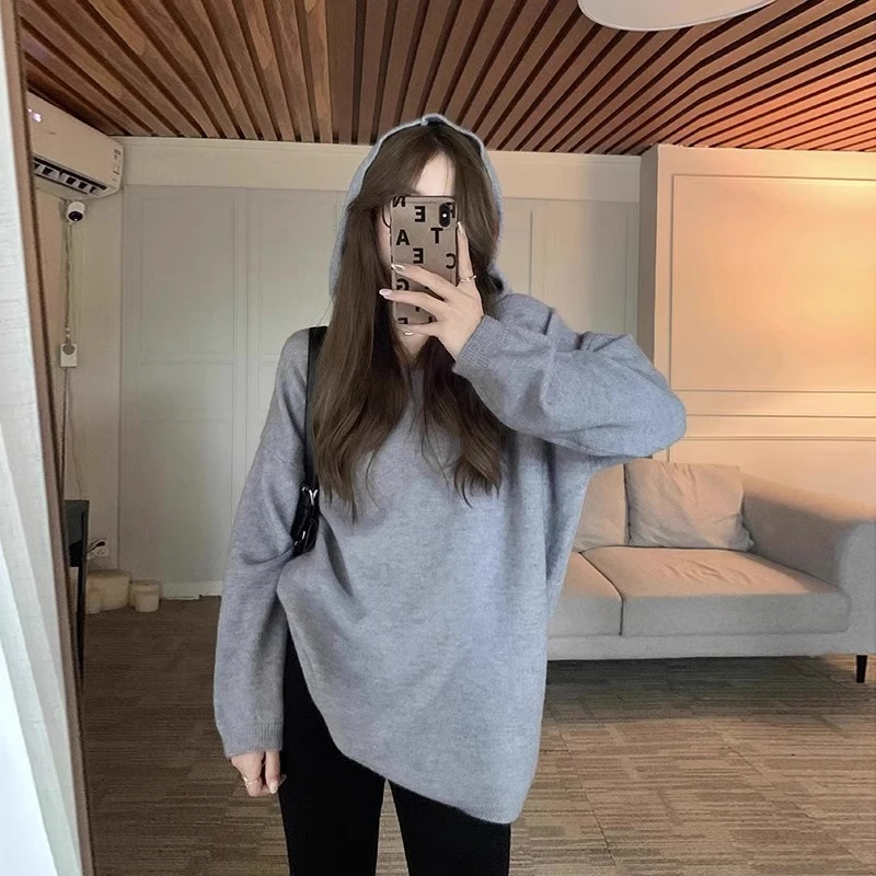慵懒休闲连帽毛衣韩系宽松软糯打底针织衫2024秋季新款针织上衣