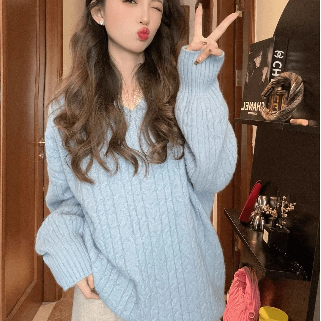 奶蓝色套头毛衣女秋冬季加厚宽松慵懒风高级感打底针织衫上衣
