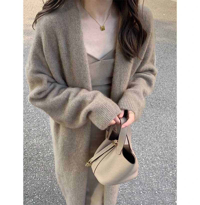 慵懒春秋季过膝中长款针织开衫女宽松甜美软糯温柔纯色毛衣外套潮