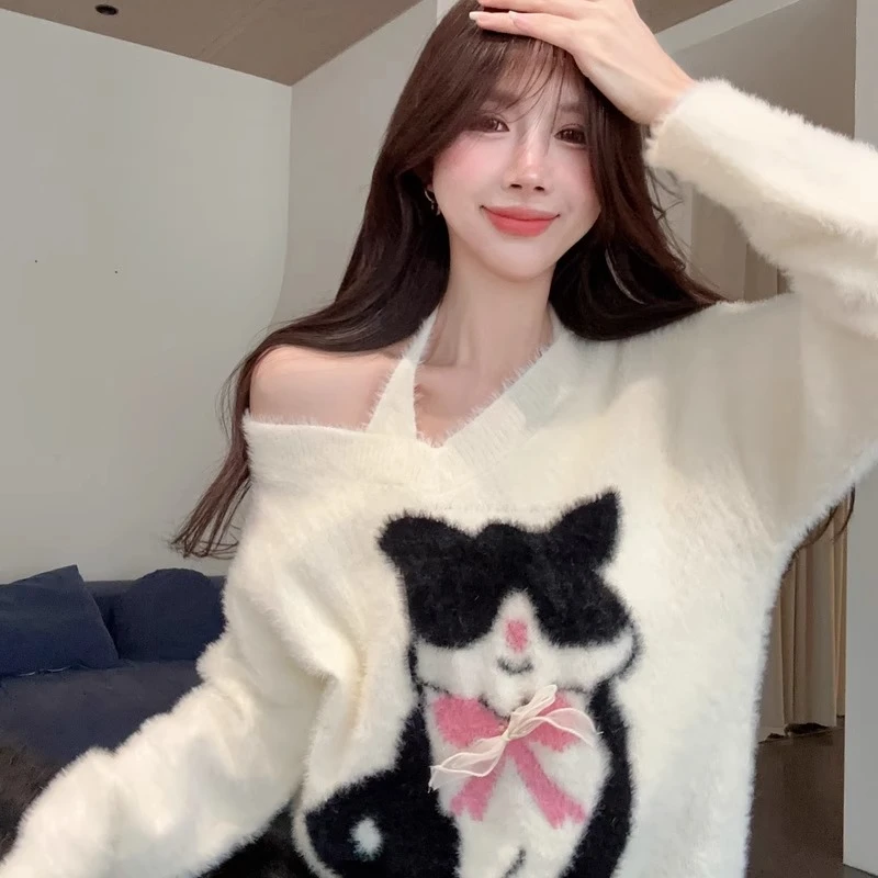 猫咪蝴蝶结可爱针织衫女秋冬v领毛毛上衣水貂绒吊带毛衣两件套