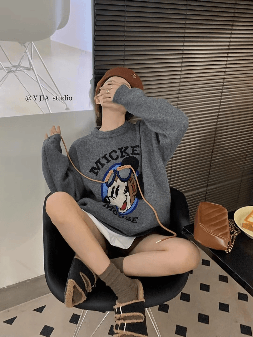 米奇卡通印花抽绳毛衣女春秋款宽松百搭显瘦韩版圆领长袖减龄上衣