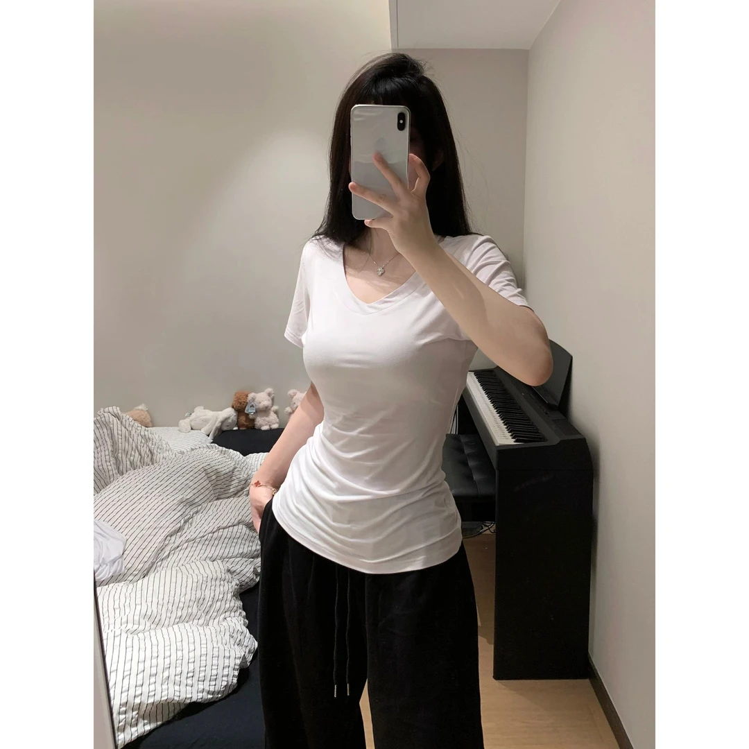 纯欲正肩v领短袖T恤女夏季修身显瘦辣妹百搭打底基础款上衣体恤潮