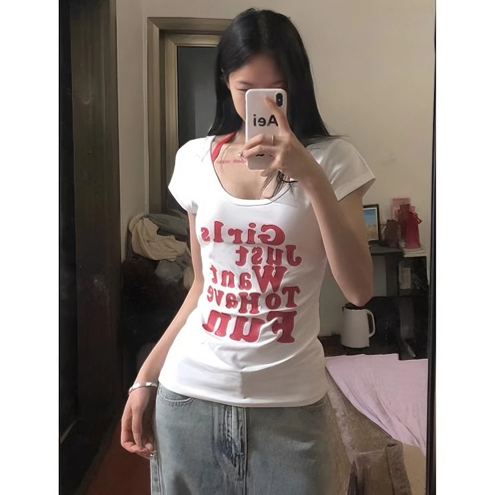 2024夏季新款T恤女美式正肩字母印花短袖甜辣妹紧身纯欲短款上衣