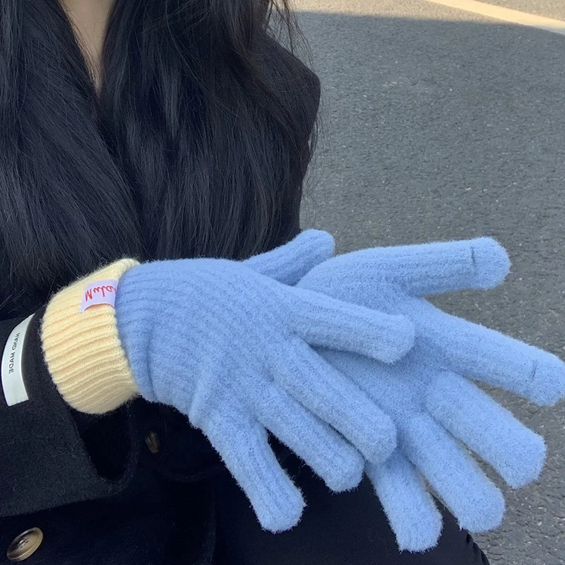 针织手套女冬季新款触屏加绒保暖加厚防寒分指韩版毛线居家日用