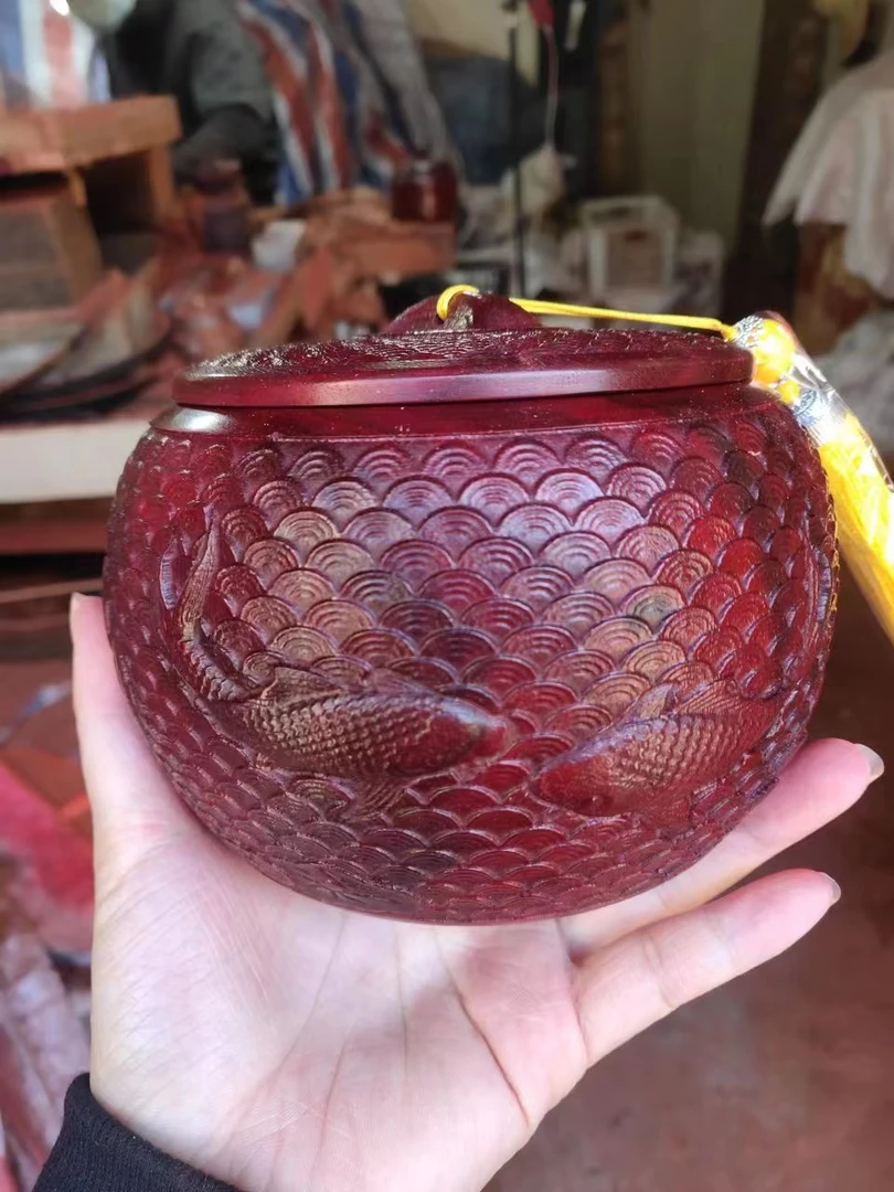 鱼鳞纹有鱼款式手工制作木储物罐零食干果罐