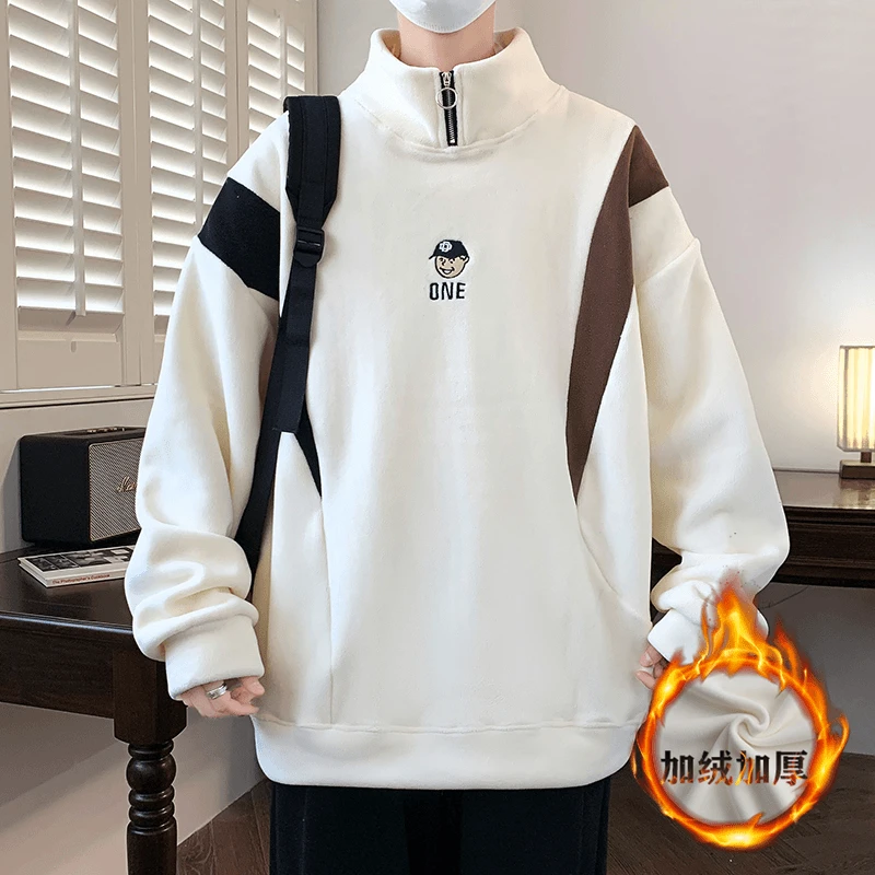 加绒加厚卫衣男青少年双面澳粒绒保暖半高领宽松长袖长袖潮牌冬装