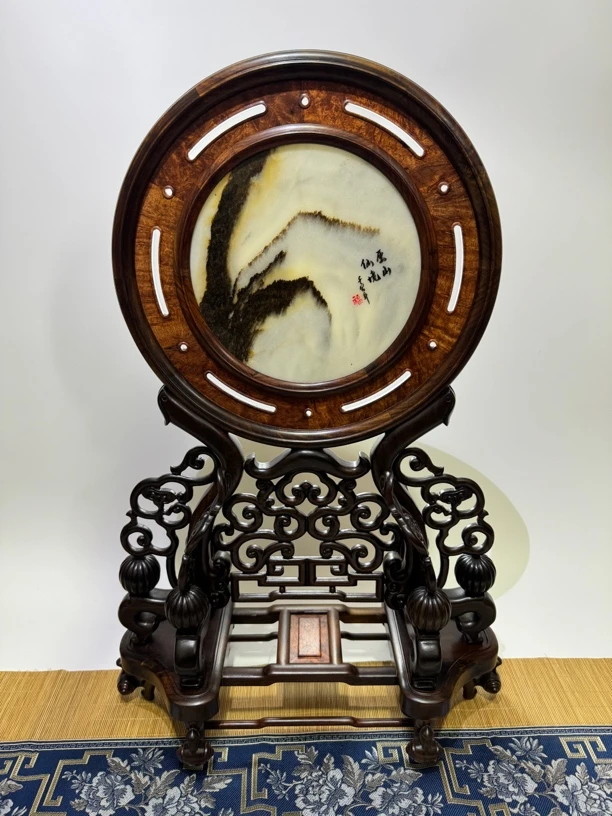 老挝大红酸枝交趾黄檀缅花樱木如意透雕圆屏 案上座屏 中堂插屏