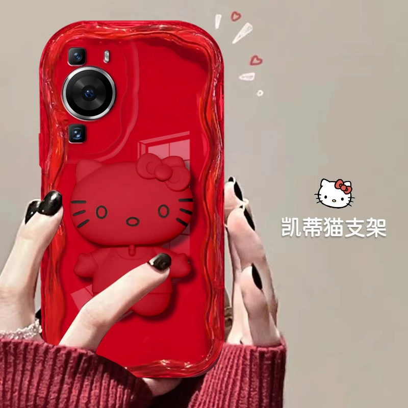 【华为P60/P60PRO】红色奶油壳猫猫支架款网红清透硅胶全包防摔壳