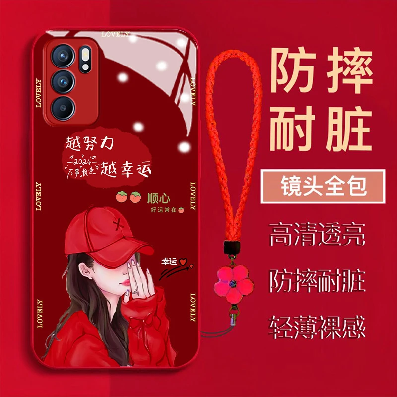 【OPPORENO6】新款万事顺心女孩金漆钢化玻璃镜头全包防摔手机壳