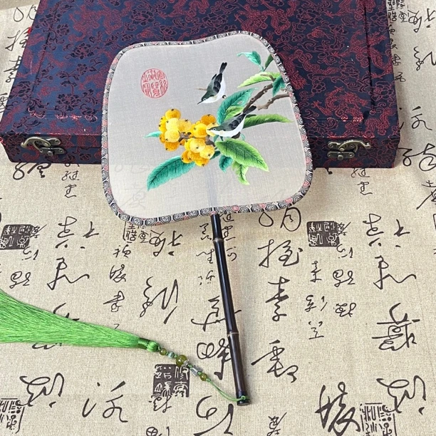 苏绣团扇仿宋大包边扇子宋代枇杷山鸟图汉服古风扇手工双面绣团扇