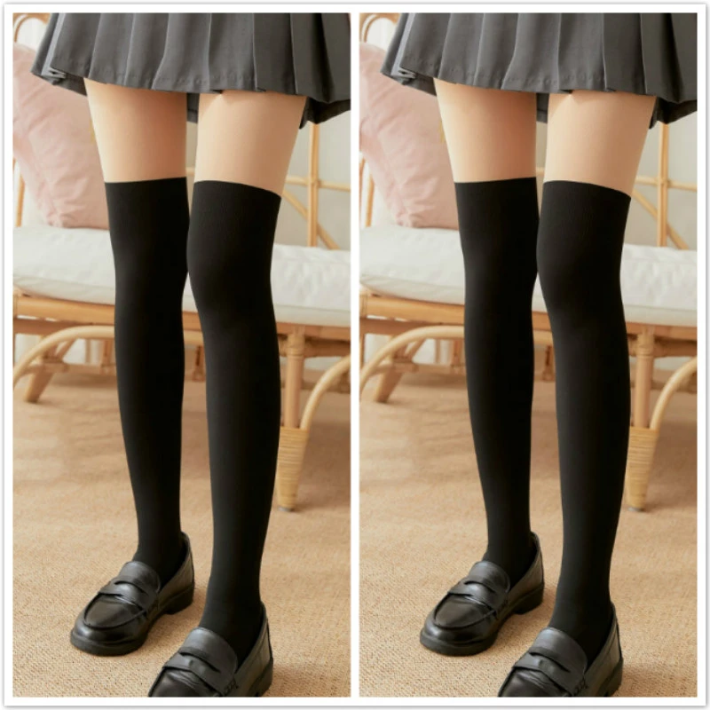 春夏儿童双色拼接假长筒连袜裤薄款女童修身打底袜大童学院风袜裤