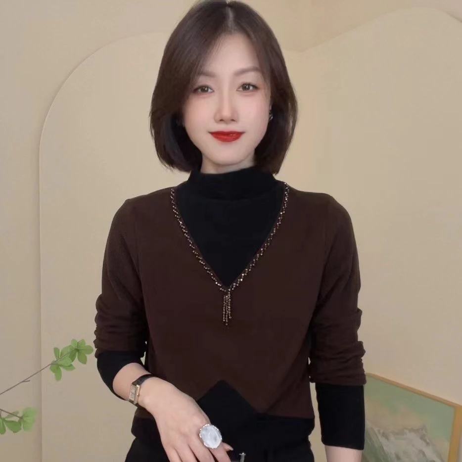 冬季新款加绒加厚拼色绒面时尚休闲T恤设计感气质女士小衫#1004