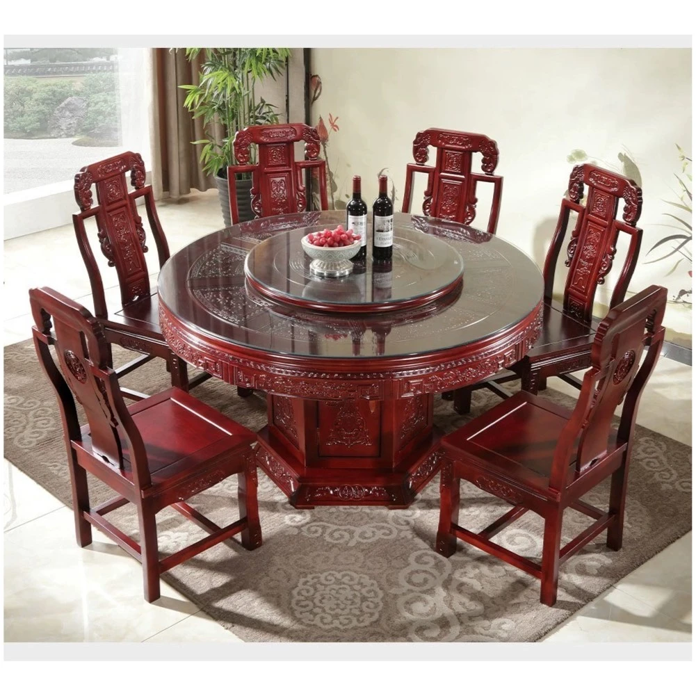 全实木餐桌椅组合圆形带转盘中国风仿古雕花家用高档实木餐桌全套
