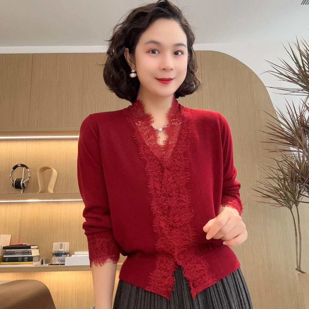 LVMU/吕木【法式浪漫3】春秋款长袖V领蕾丝开衫针织衫#DQ7015