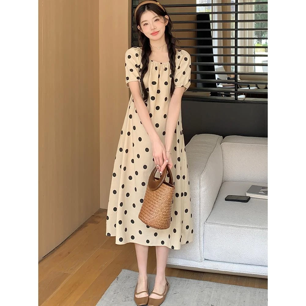 孕妇连衣裙夏装2024新款波点中长款夏天遮肚宽松短袖孕妇裙子夏季