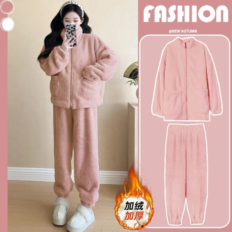 韩版显瘦孕妇装洋气秋冬加绒加厚保暖珊瑚绒睡衣家居服两件套