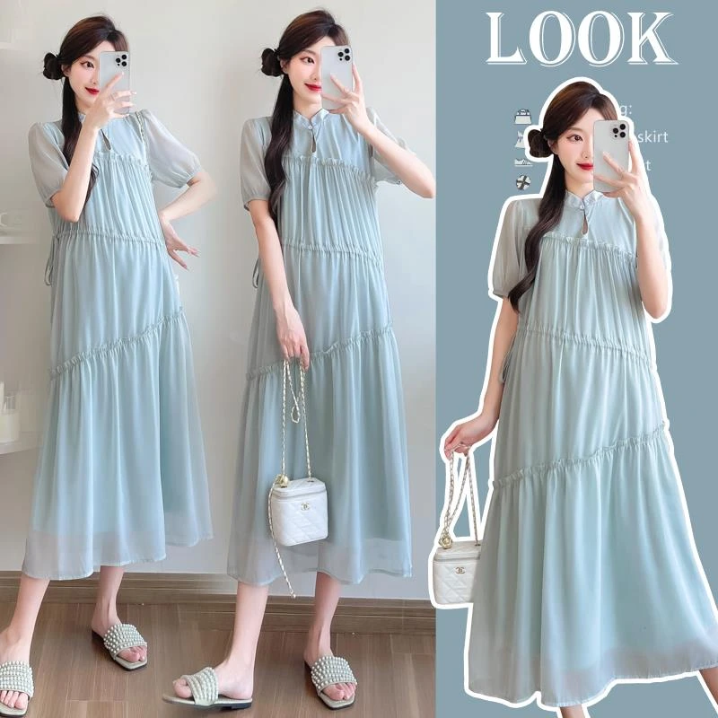 孕妇装夏装轻薄透气新中式国风雪纺长裙时尚潮妈裙宽松显瘦连衣裙