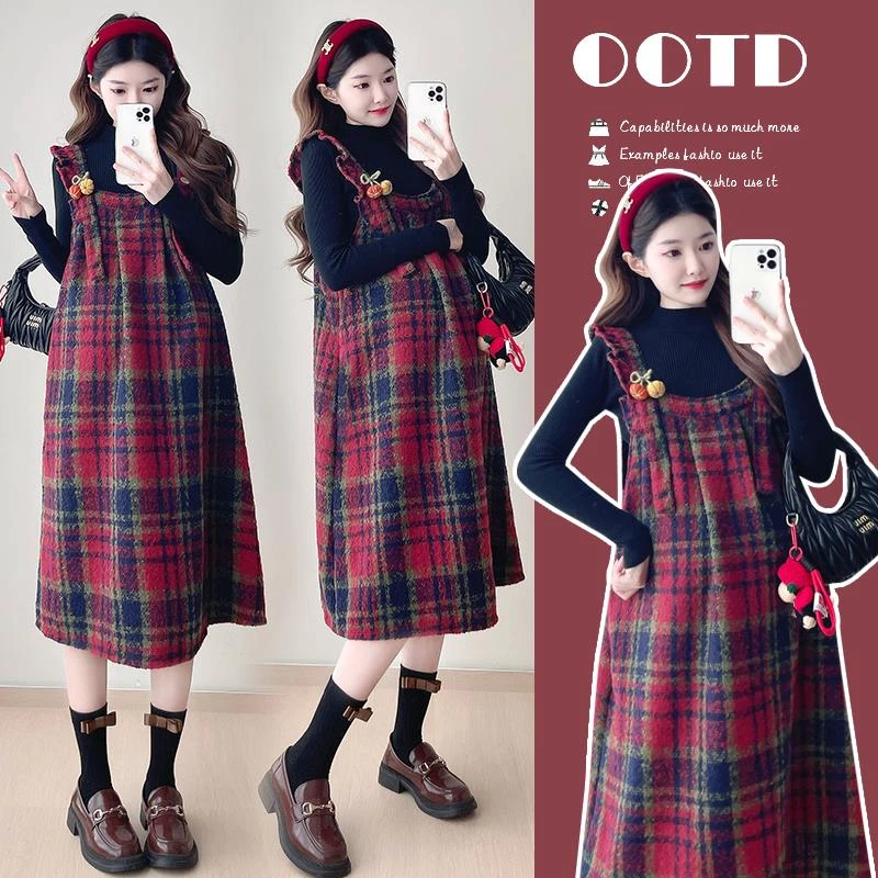 加厚韩版显瘦孕妇装洋气秋冬秋两件套格子毛呢连衣裙高级感两件套