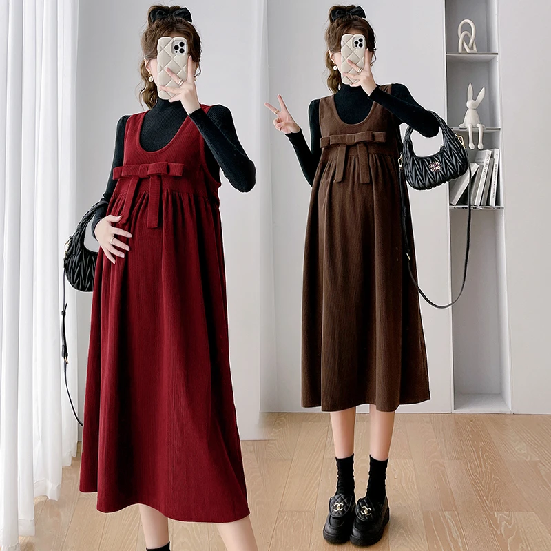 孕妇装连衣裙时尚秋冬季套装新款灯芯绒蝴蝶结背心裙两件套潮