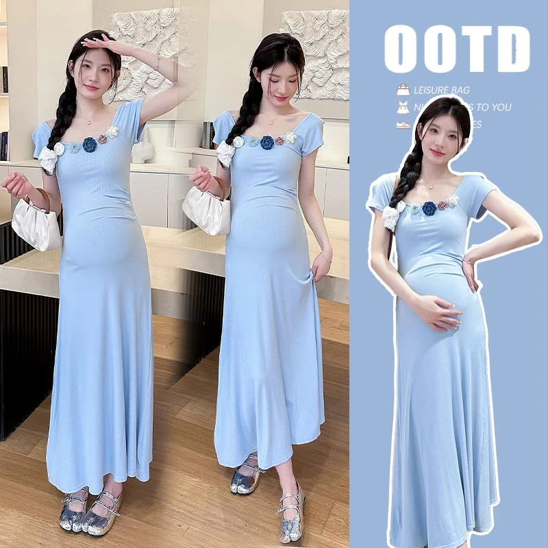 孕妇夏装连衣裙2024新款小众设计立体花朵短袖夏天裙子大码夏季