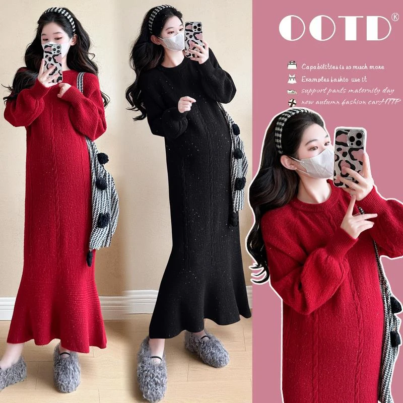孕妇装秋装加厚气质显瘦针织毛衣裙设计感鱼尾长裙秋冬孕妇连衣裙