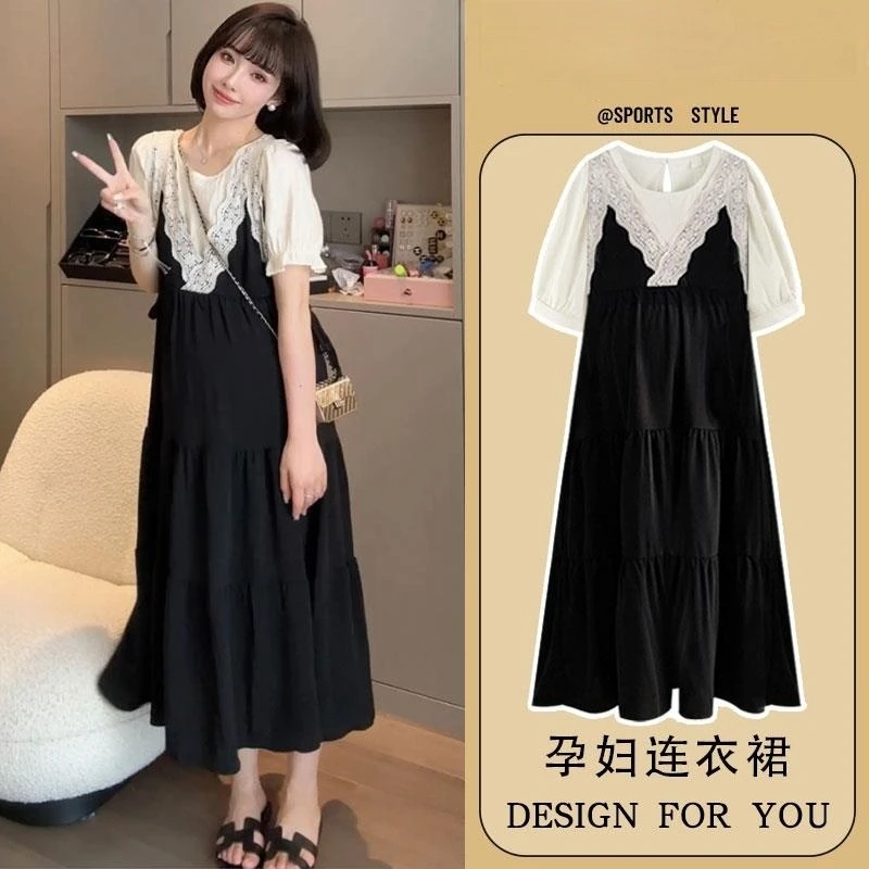 夏季孕妇装连衣裙2025新款小个子宽松假两件显瘦短袖长裙遮肚裙子