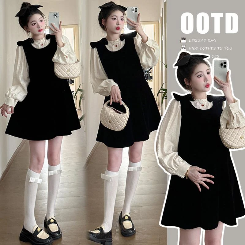 孕妇连衣裙春秋新款高级感衬衣小个两件套丝绒背带裙套装