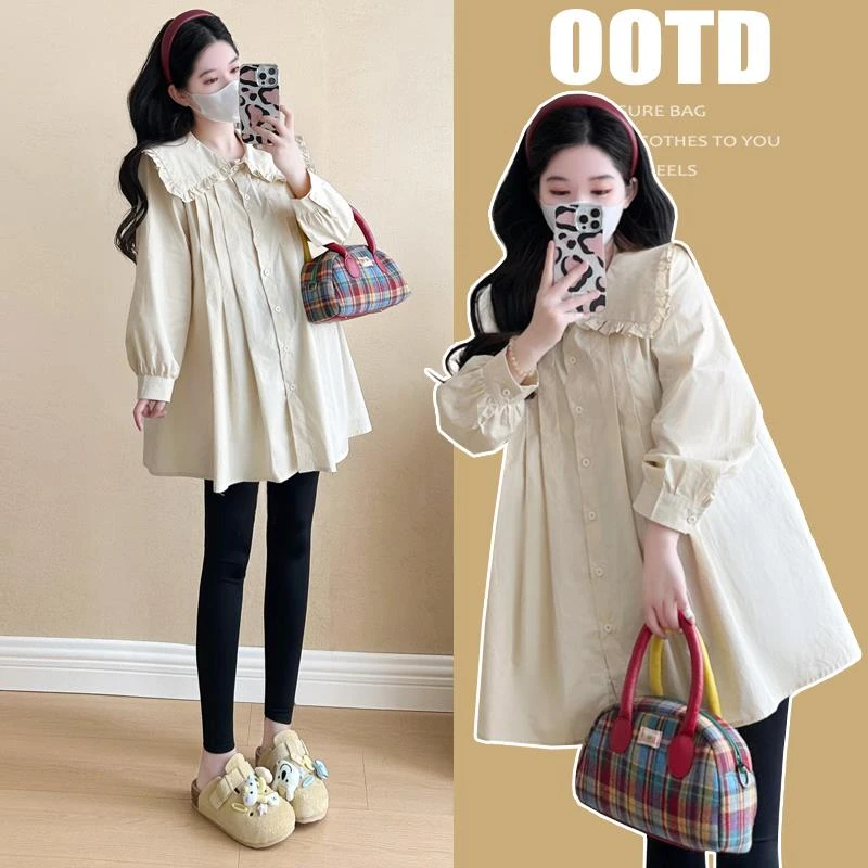 孕妇装秋装小清新纯色气质减龄宽松显瘦春秋季孕妇百搭上衣衬衫