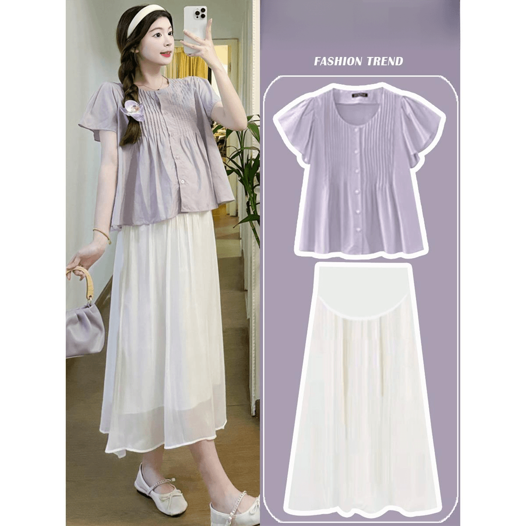 孕妇连衣裙套装时尚洋气时髦紫色薄款上衣半身裙两件套2024新款夏