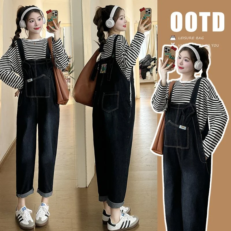 显瘦网红孕妇装洋气秋冬新款套牛仔背带裤两件套外出时尚长袖长裤