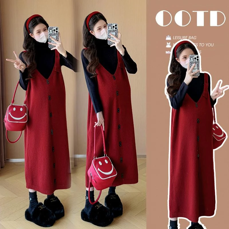 韩版显瘦孕妇装洋气秋冬孕妈妈连衣裙大码长袖背带裙中长款两件套