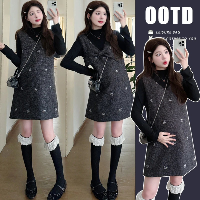 加厚秋冬显瘦韩版孕妇装洋气刺绣蝴蝶结背心连衣裙前后两穿两件套