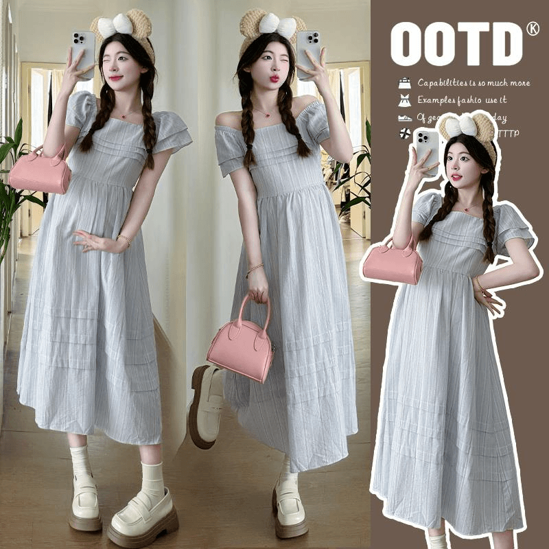孕妇装夏装法式飞飞袖一字肩清新减龄潮妈长裙孕期宽松连衣裙潮