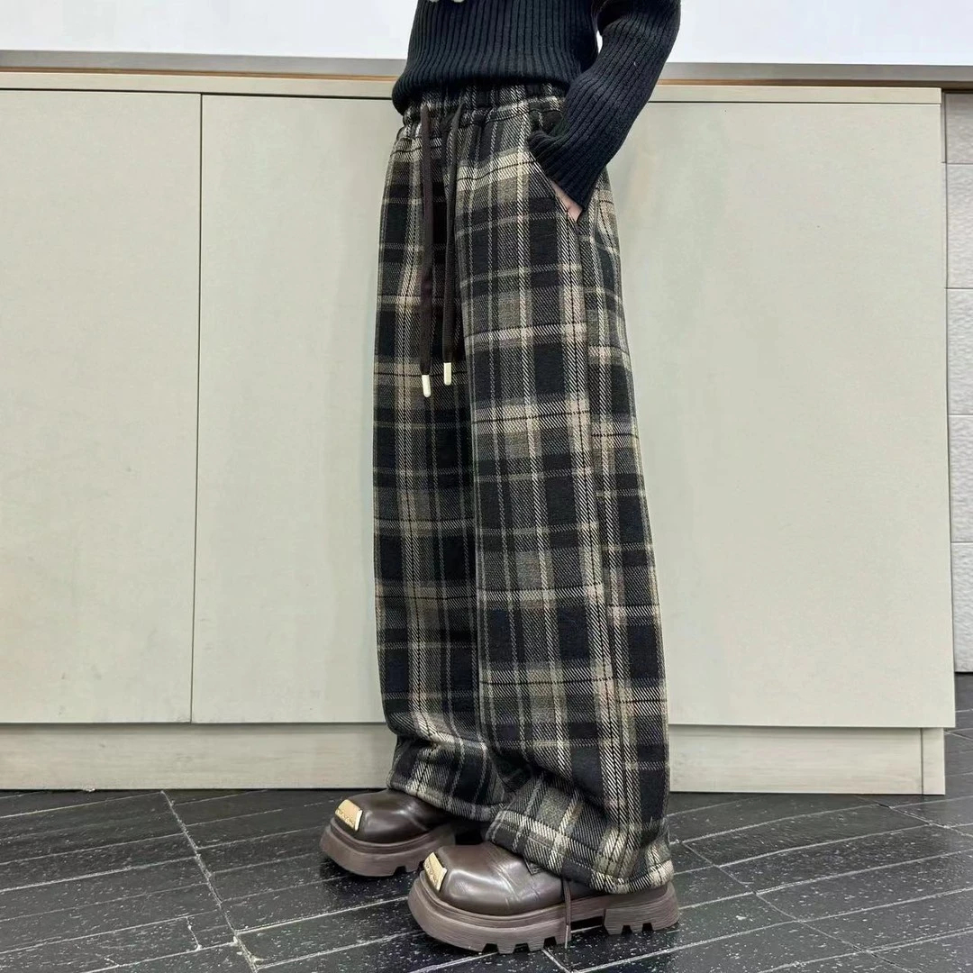 仿兔毛格子女裤2024冬季高腰女童垂感加厚休闲直筒裤阔腿裤3