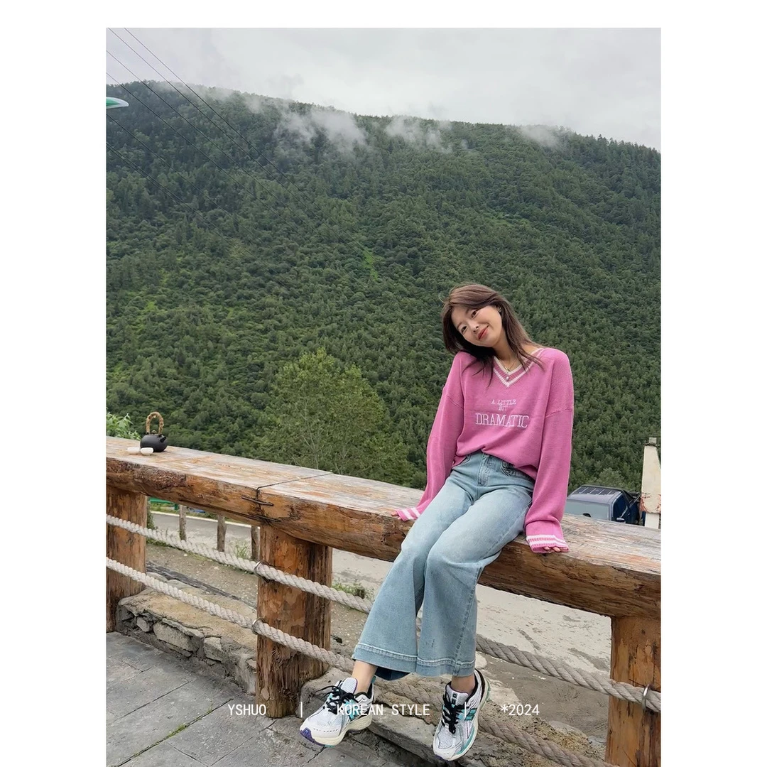 【青苍】CCC11312秋冬新款百搭宽松字母休闲V领毛衣